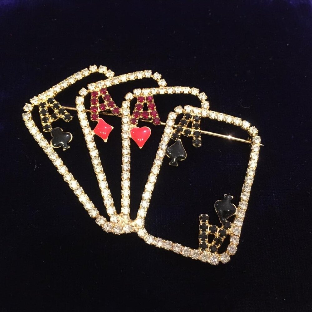 Four Aces Poker Hand Lucky Bling Rhinestone Brooch